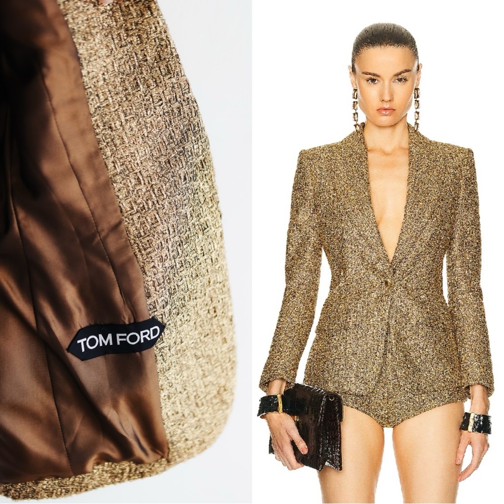TOM FORD Gold Metallic Tweed Textured Blazer Women sz 34